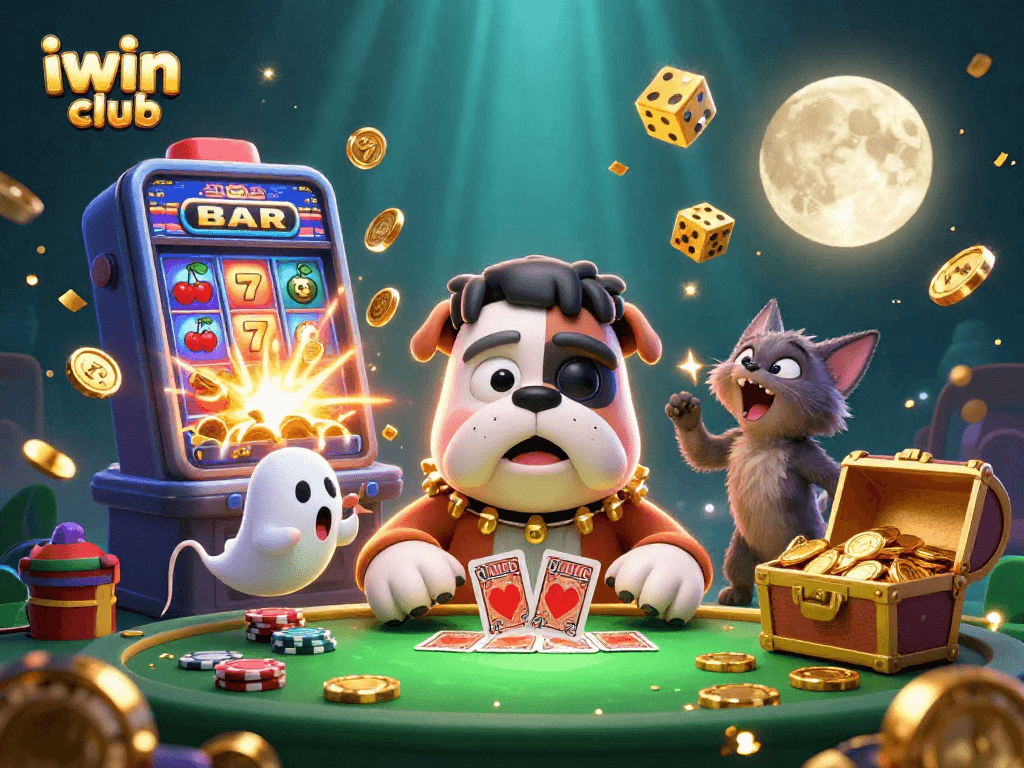 iwin club engages players at a vibrant casino table with a monster dealer and jackpot scene
