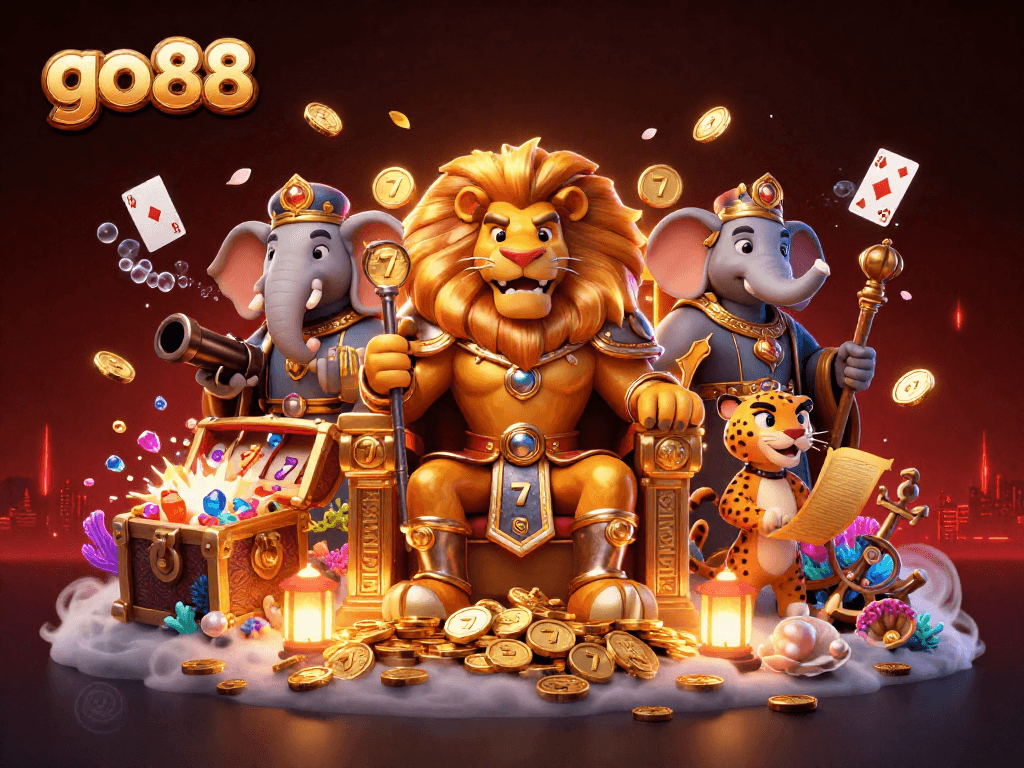 Engage with go 88 in a vibrant 3D casino scene filled with gold coins and slot elements.