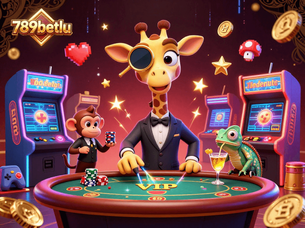 Experience the vibrant world of 789betlu with a high-roller giraffe and a monkey valet at a casino-themed celebration.