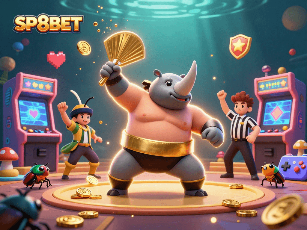SP8BET offers a thrilling illustration of a cartoon beetle champion stomping golden coins with casino elements.