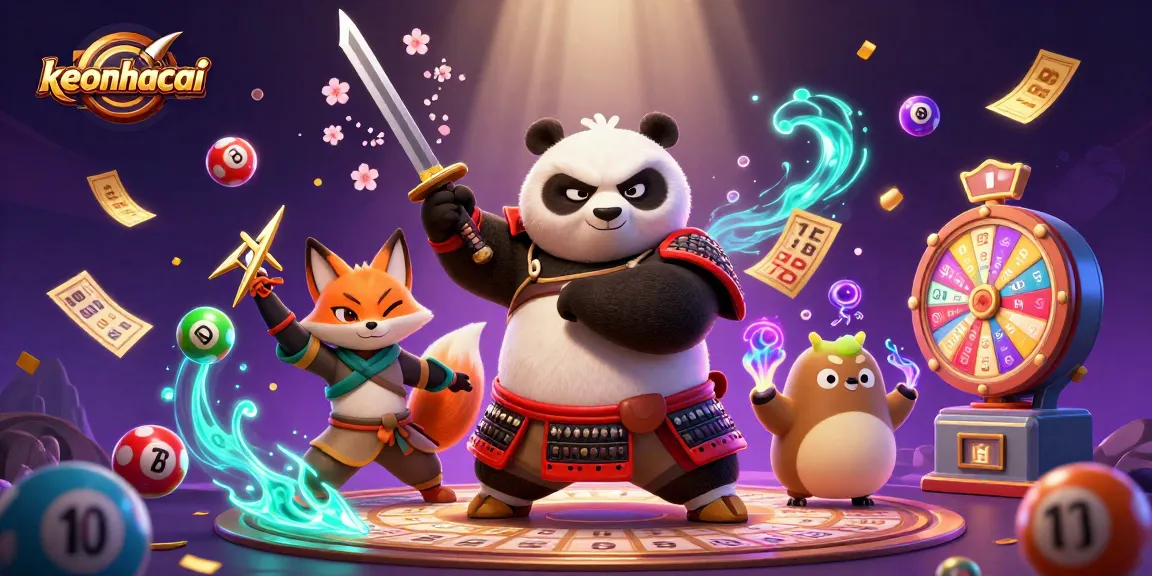 Engage with keonhacai’s vibrant 3D cartoon scene showcasing a samurai panda amidst lively lottery elements.