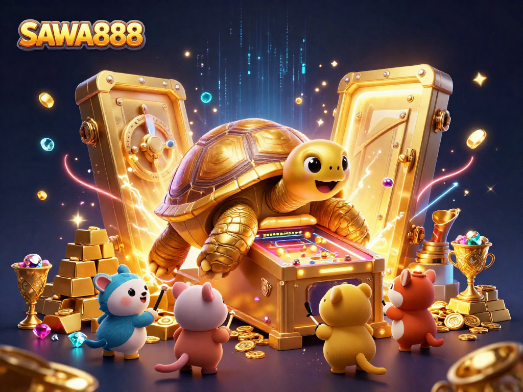 Experience the excitement of winning with SAWA888's captivating golden tortoise casino illustration.