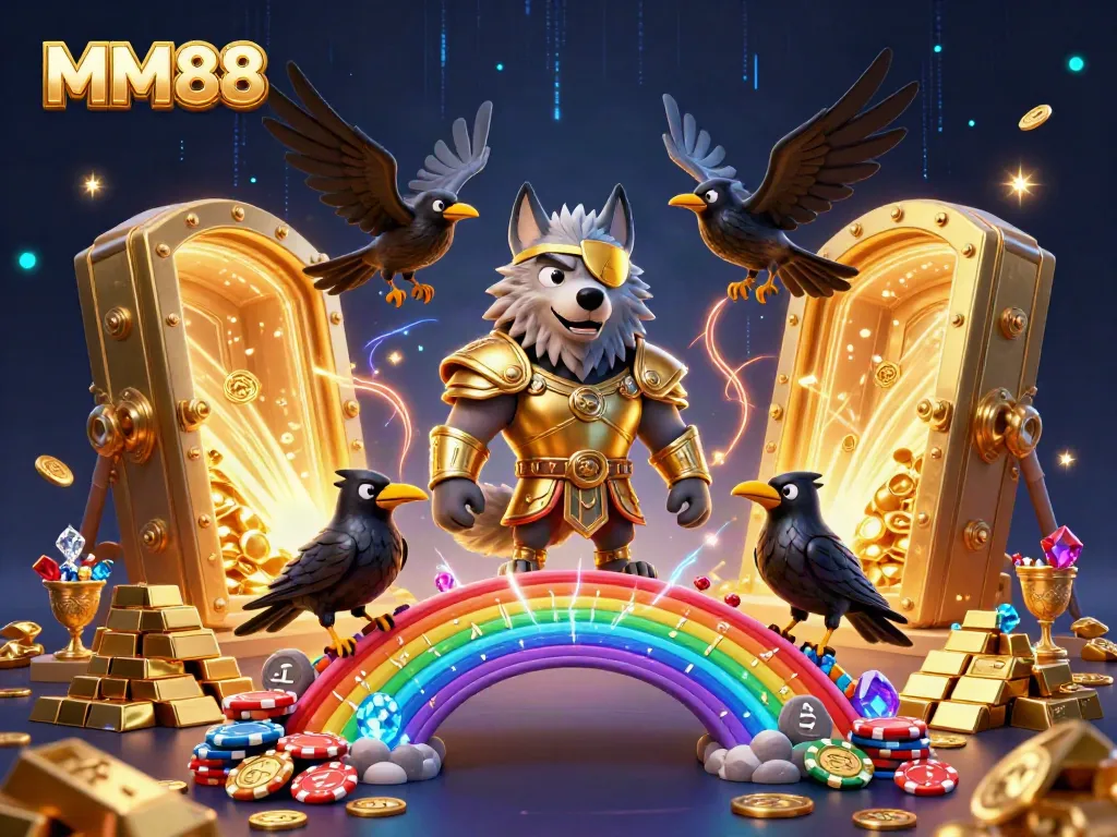 Experience the vibrant MM88 casino world with Odin and his ravens amidst a treasure-filled landscape.