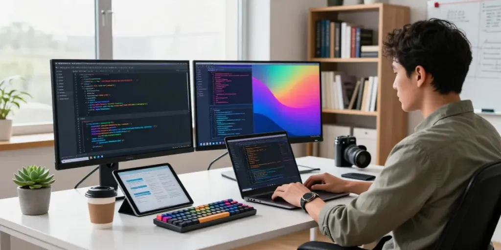 Developer coding with instant indexing tools in a modern workspace, showcasing vibrant screens and tech gadgets.