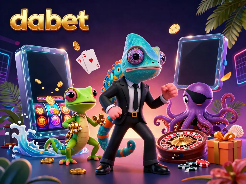 Experience dabet with a vibrant 3D illustration featuring dynamic casino elements including colorful slot games and playful characters.