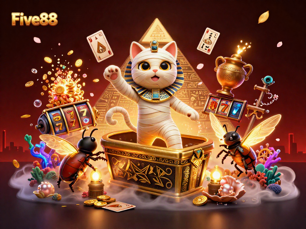 Experience exciting gaming at Five88 with a lively 3D casino scene featuring vibrant characters and treasures.