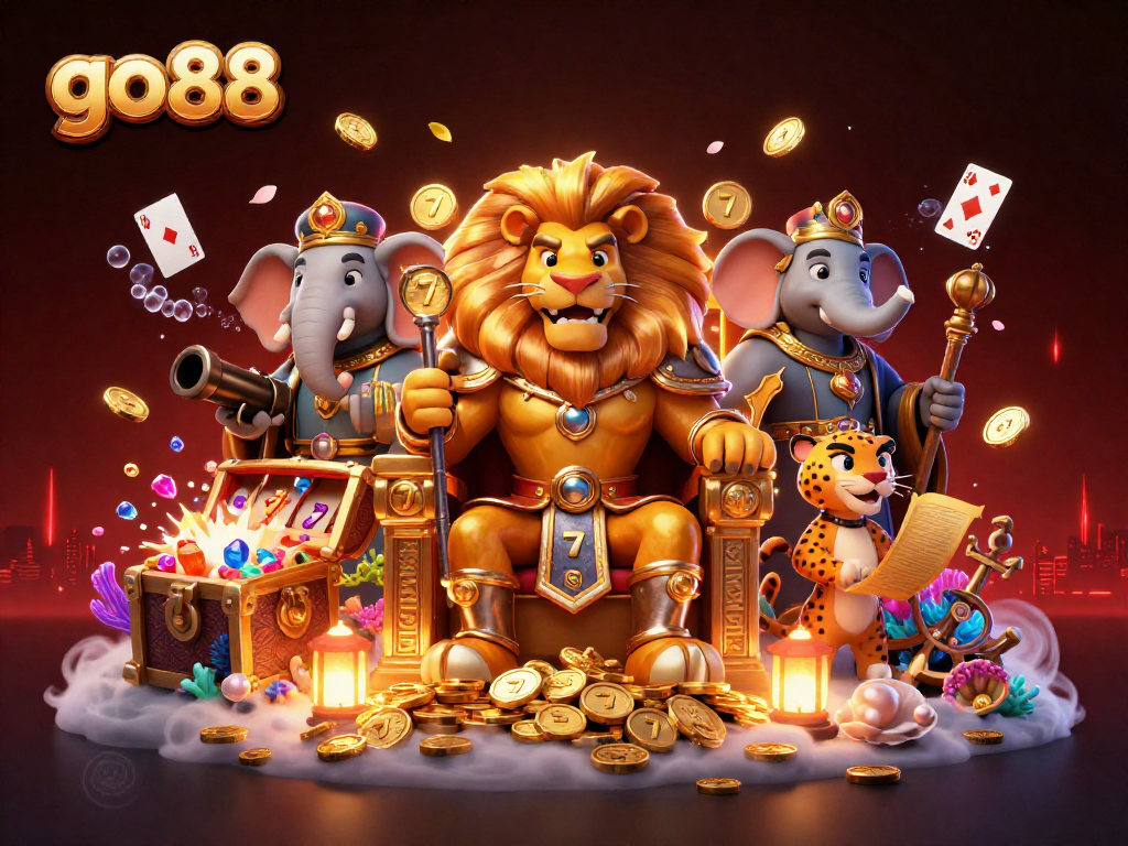 Engage with go 88 in a vibrant 3D casino scene filled with gold coins and slot elements.