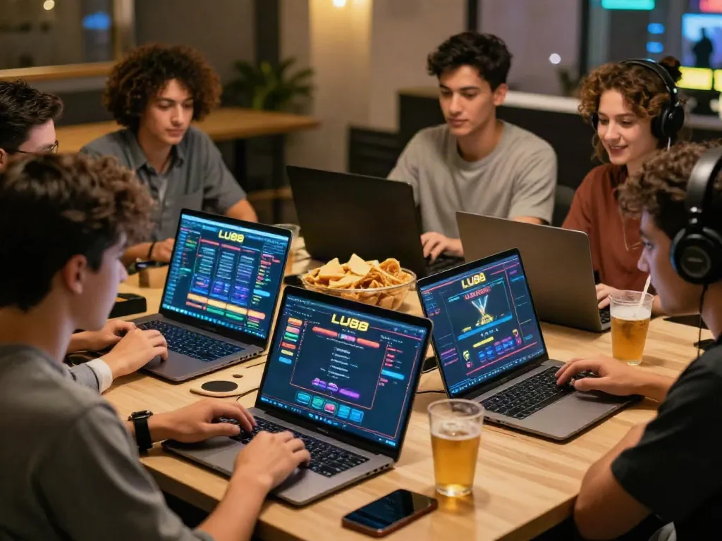 Diverse group enjoying online games on LU88 platform in a lively home setting.