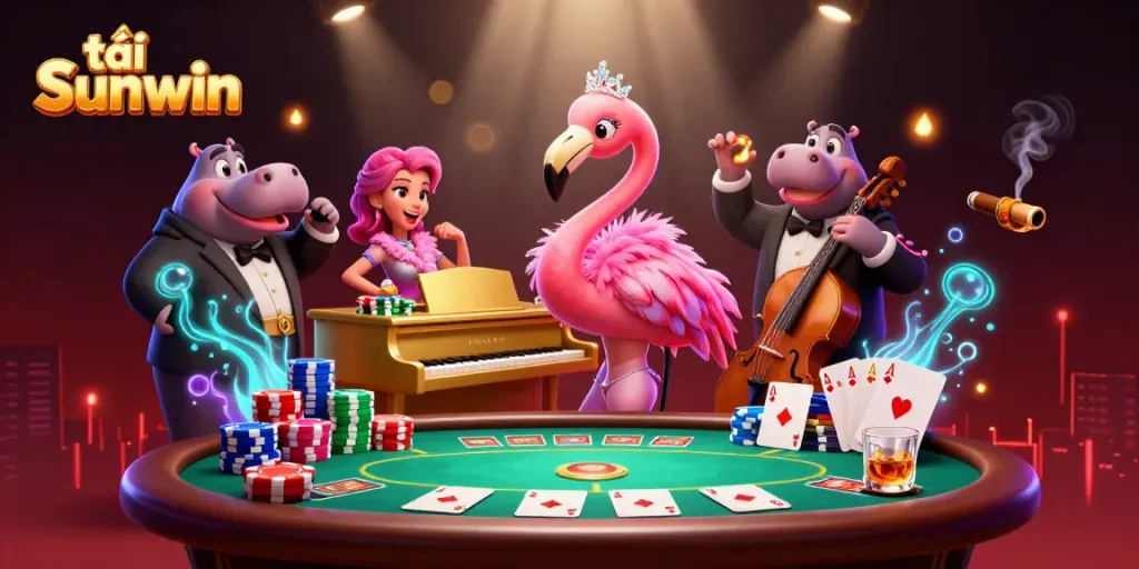 Engage with the exciting tải Sunwin gaming scene filled with vibrant casino elements and characters.