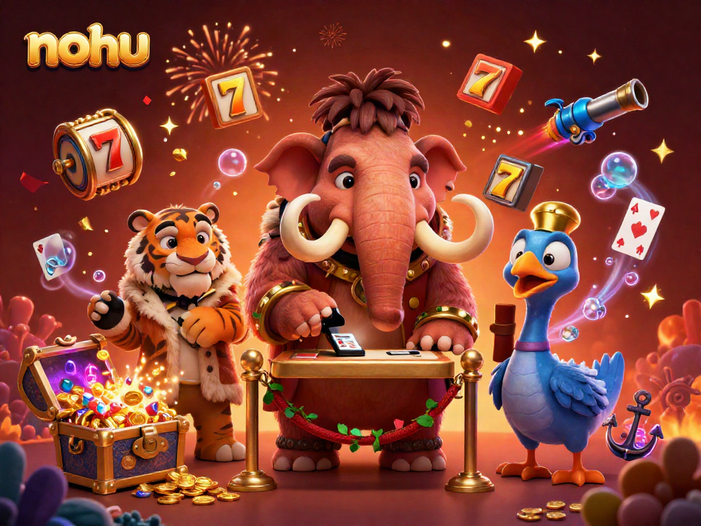 Nohu logo showing a vibrant and dynamic casino scene with a woolly mammoth bouncer and slot reels.
