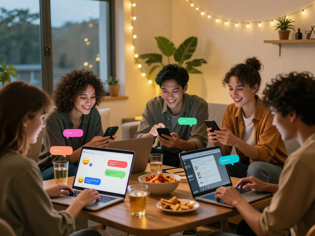 Friends engaging in a lively spicychat conversation in a cozy living room.