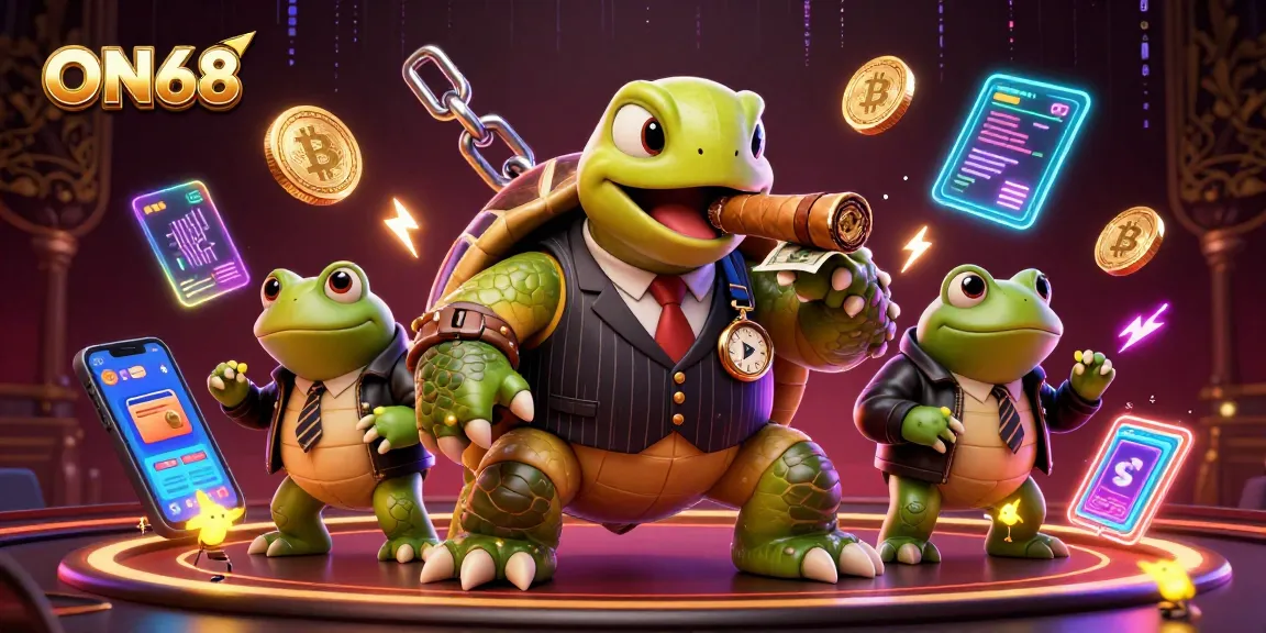 Engaging ON68 scene featuring a snapping turtle and bullfrog enforcers amid vibrant casino elements.