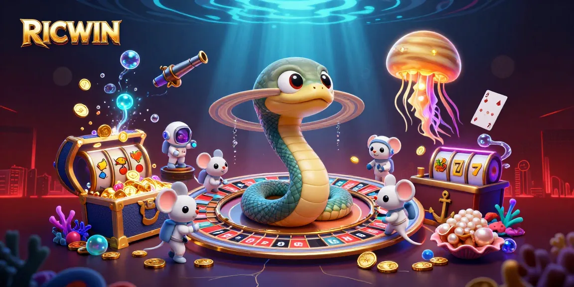 Experience the excitement with RICWIN's vibrant cosmic casino scene filled with betting action and treasures.