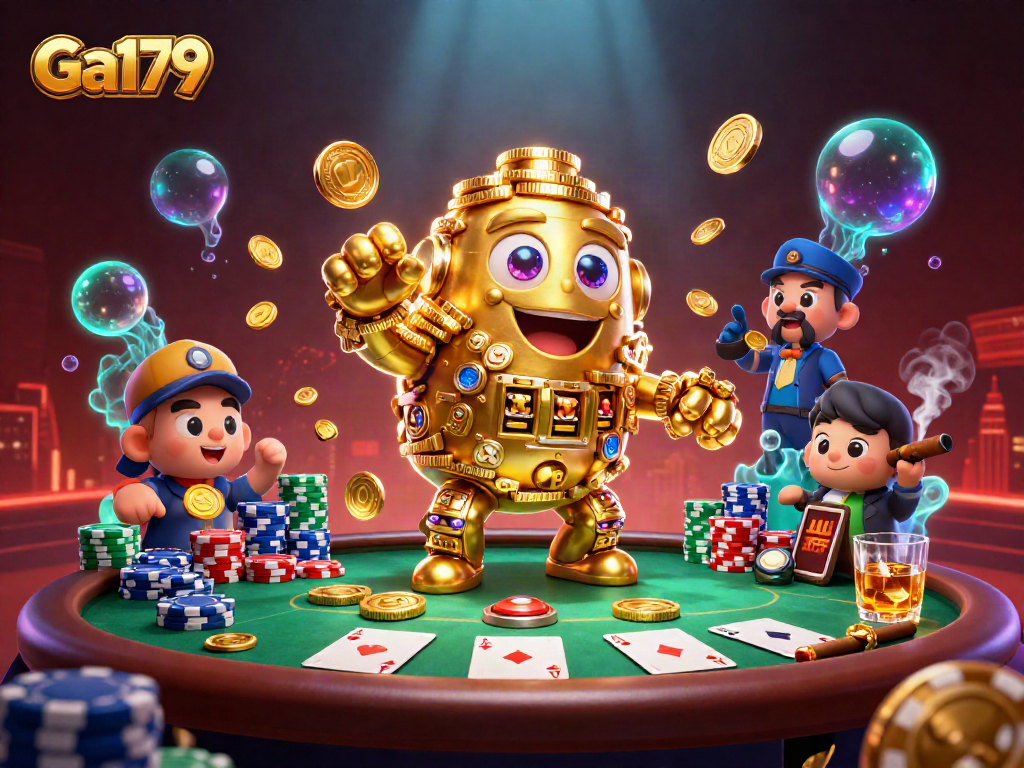 Engage with Ga179's dynamic casino scene showcasing a golden golem, poker chips, and community cards.