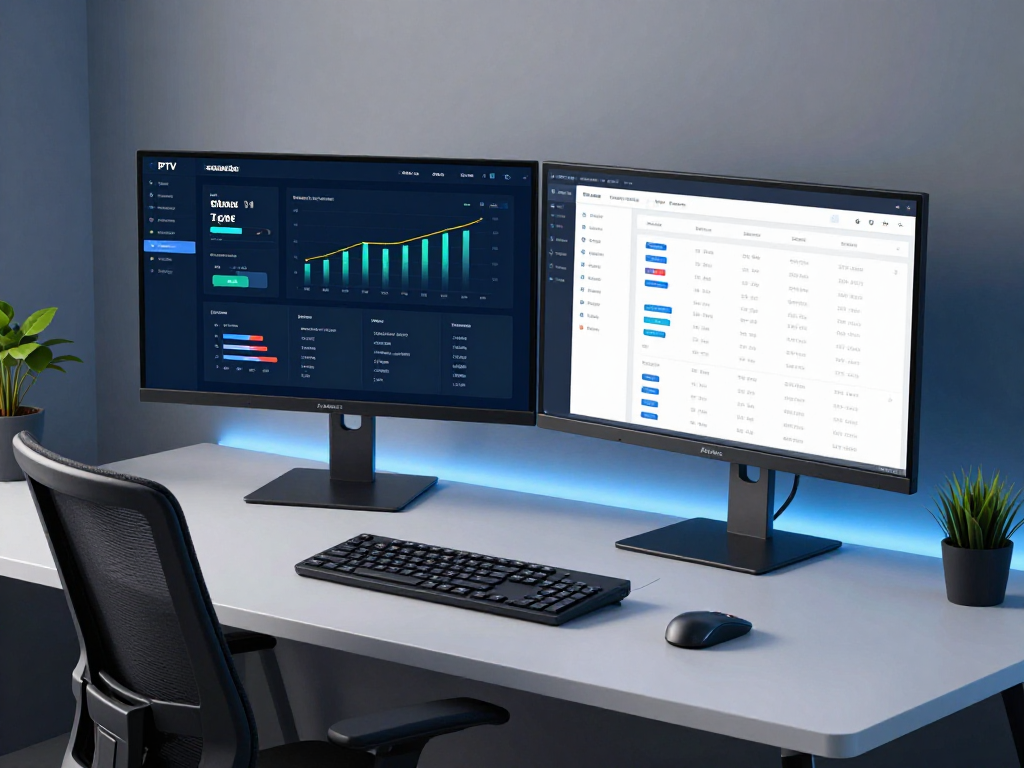IPTV reseller panel dashboard showcasing analytics and sales in a modern tech environment.