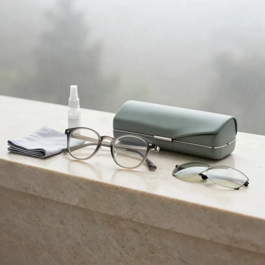 Smoke acetate round glasses with case, cloth, spray and sleeve on a limestone ledge