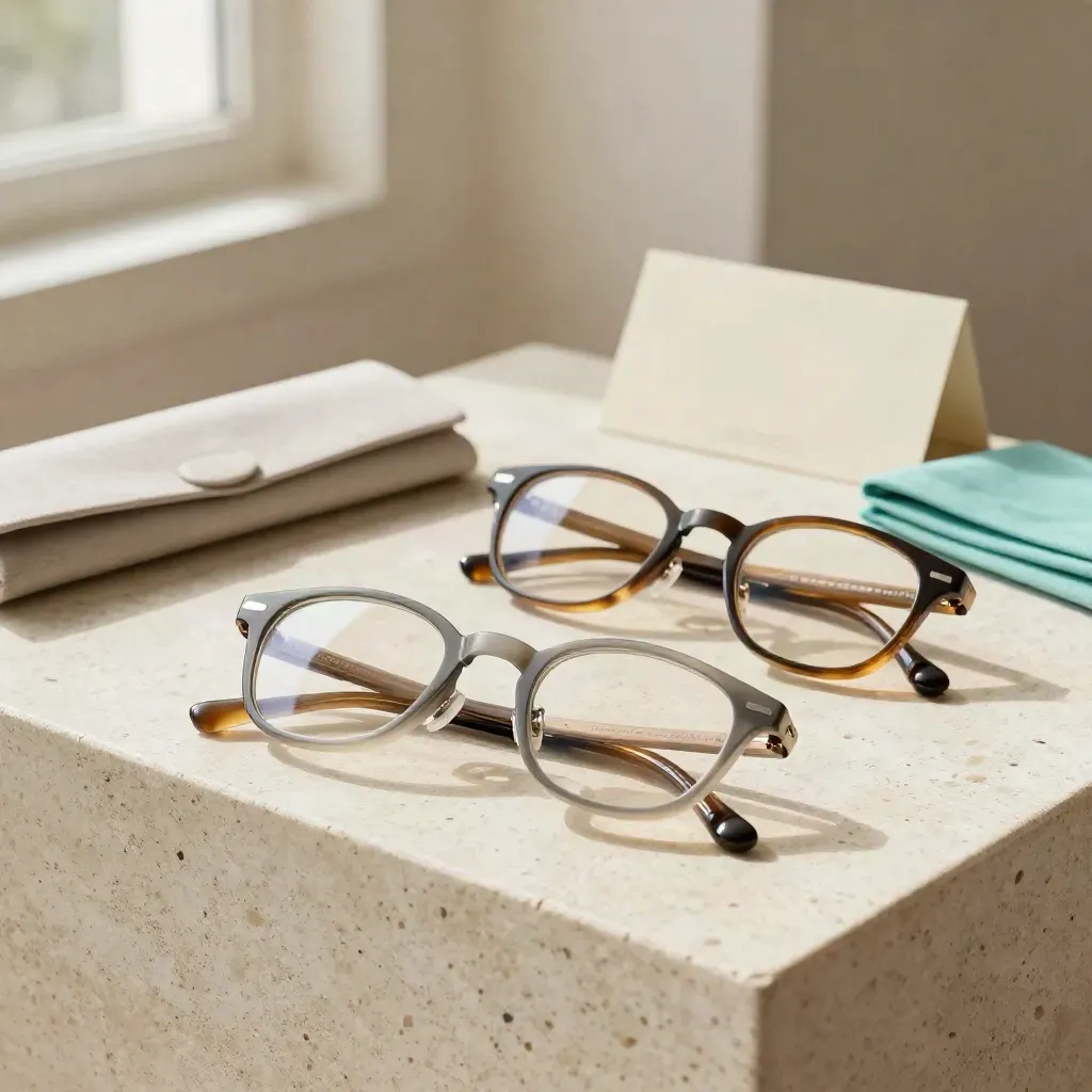 Two acetate eyeglass frames with case and cloth on travertine in soft window light.