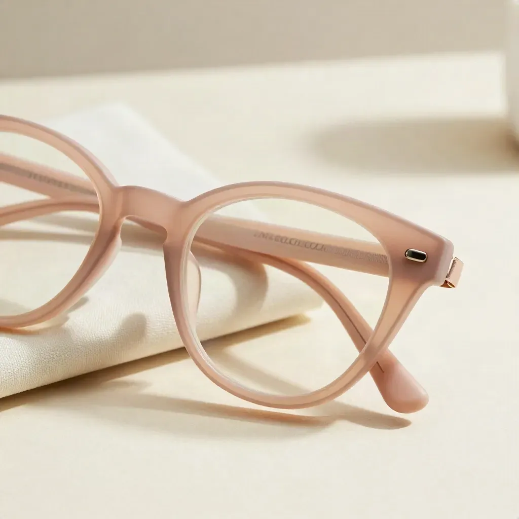 Blush cat-eye glasses with cloth and case on a cream background, crisp diagonal shadow.