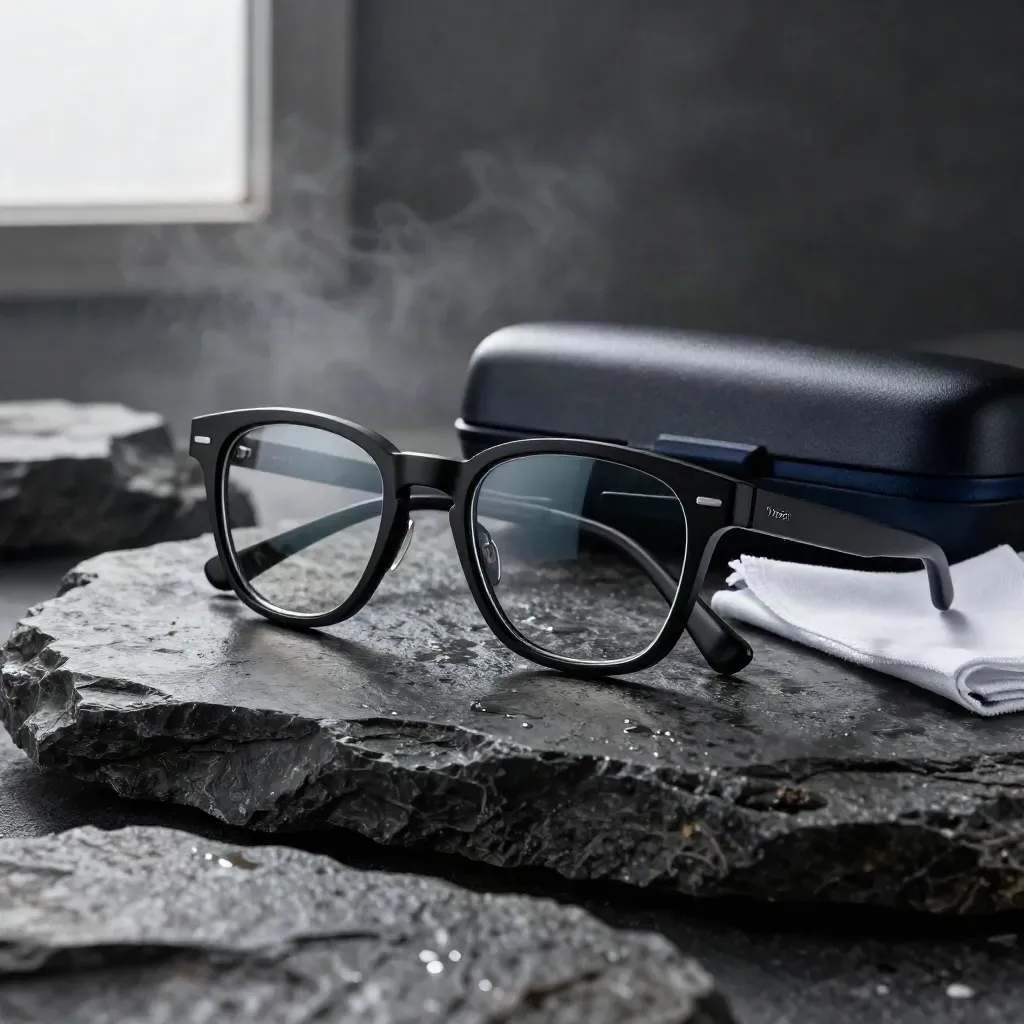 Matte black eyeglass frames with case and cloth on wet basalt, rim-lit in mist