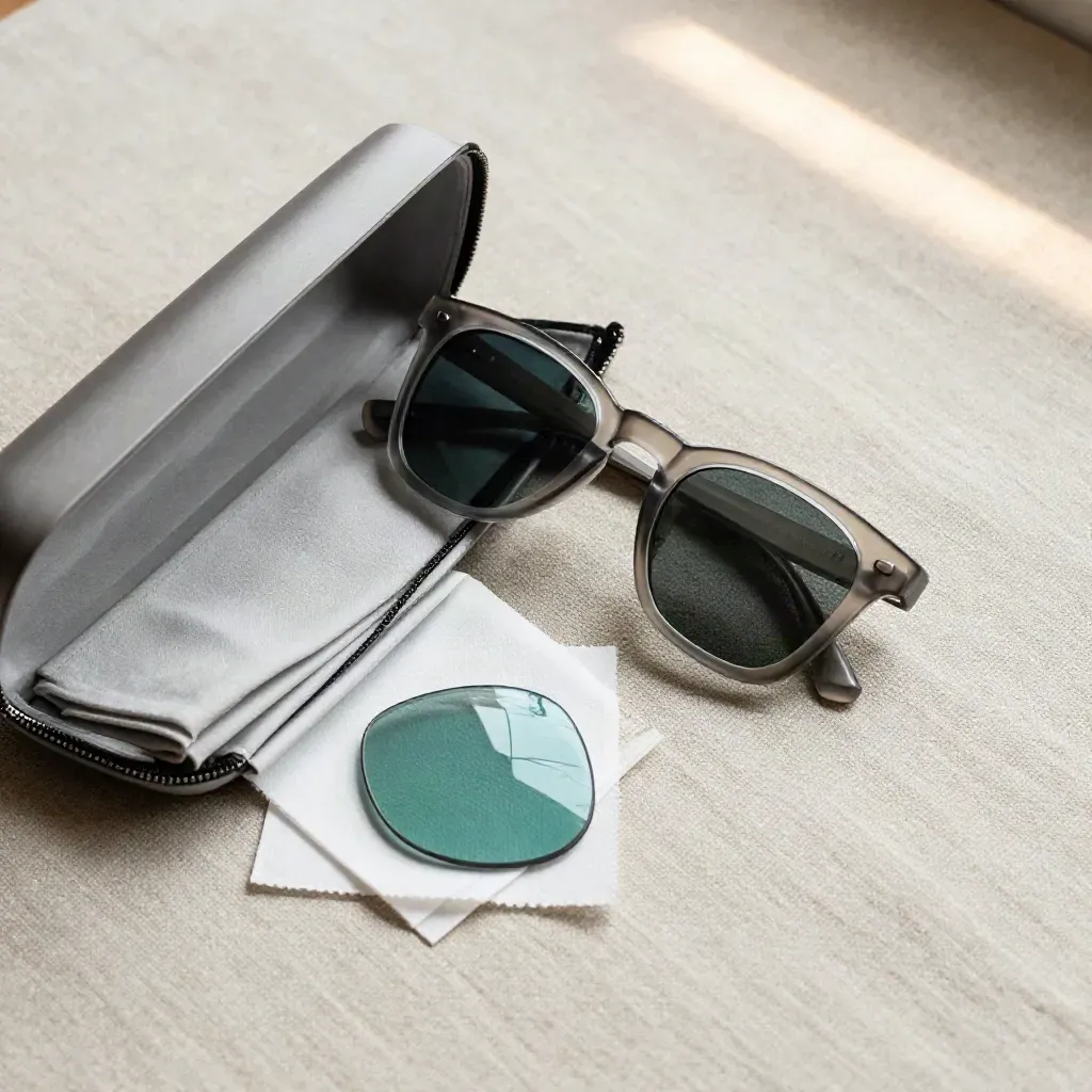 Overhead flatlay of sunglasses, case, cloth, pouch, and wipe on linen and steel