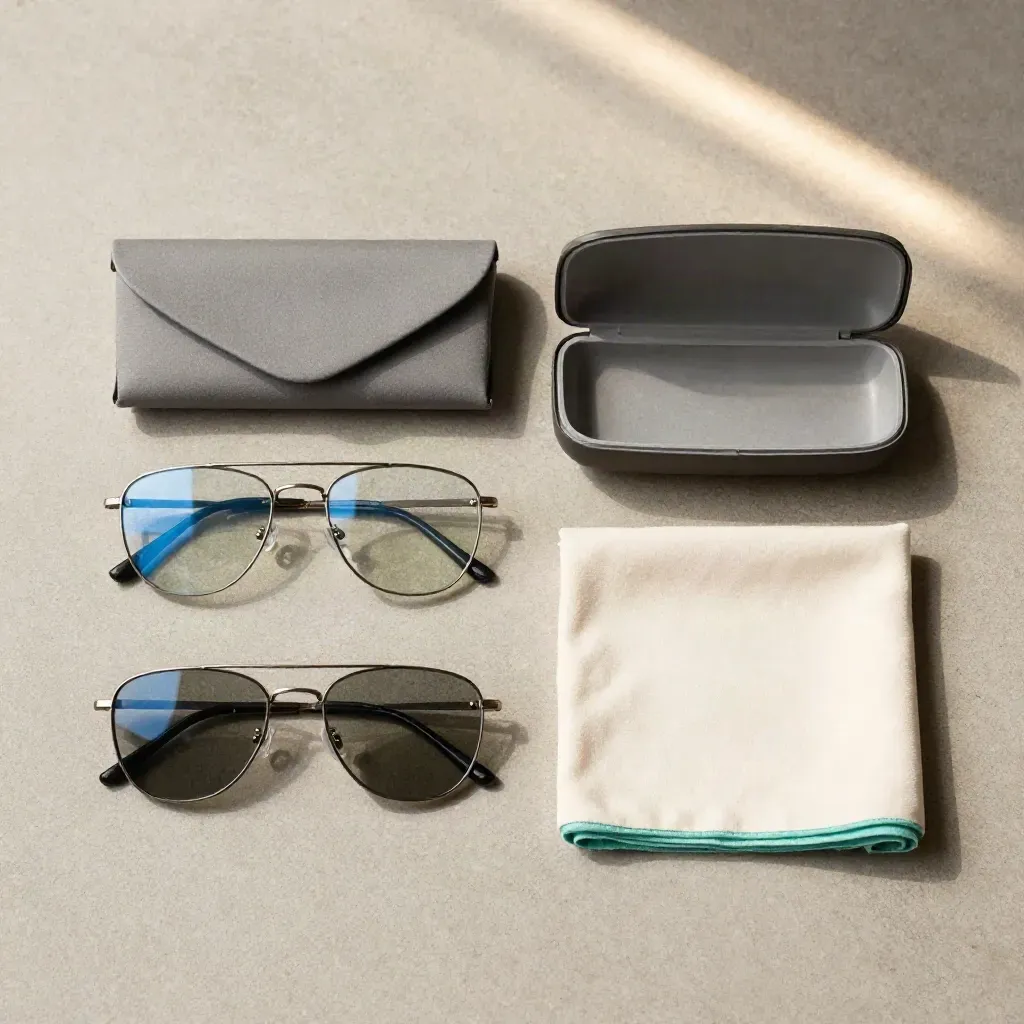 Blue light lens pack flatlay with cloth, sleeve and case insert on pale concrete.