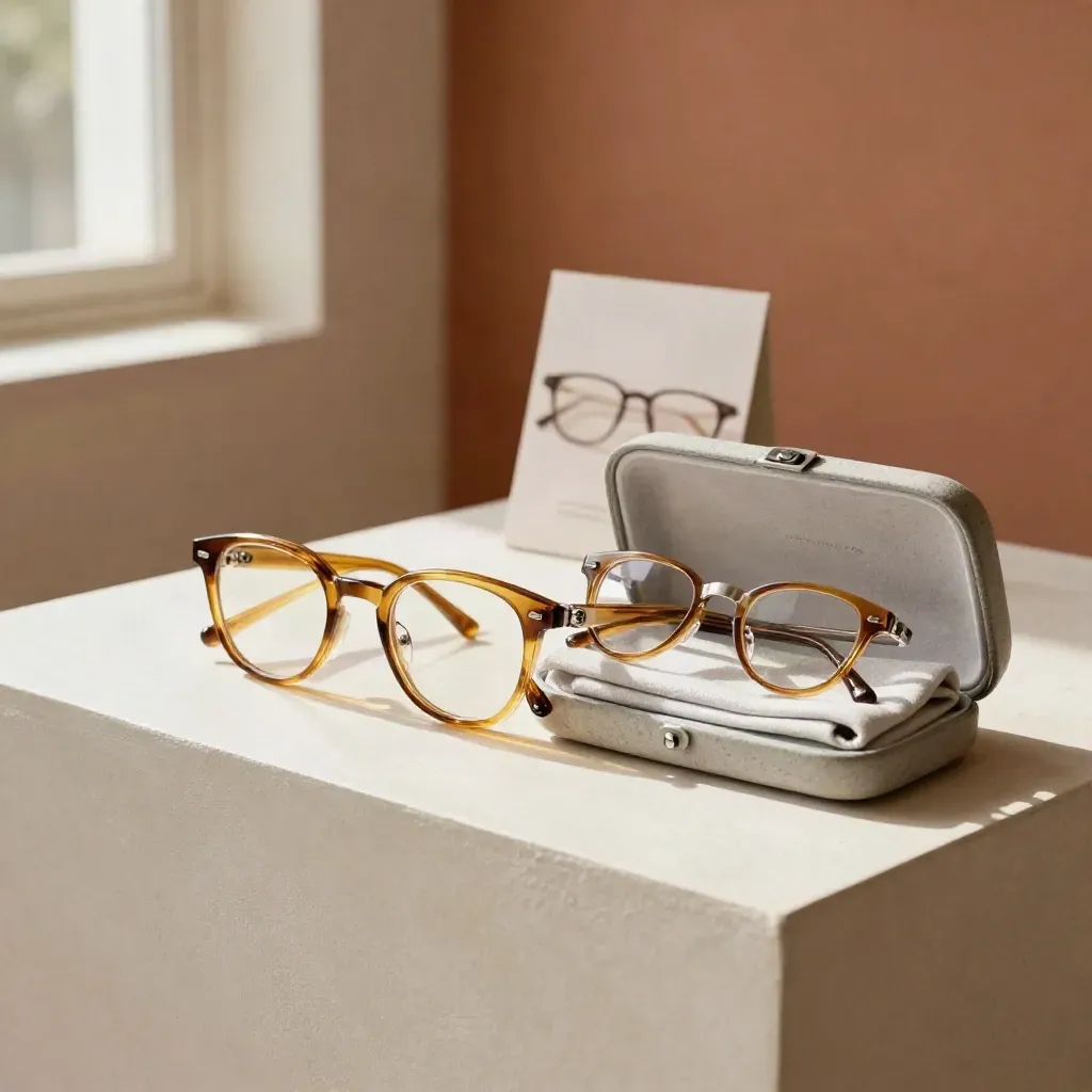 Amber readers pair on a plaster plinth with case and cloth, glowing in warm window light.