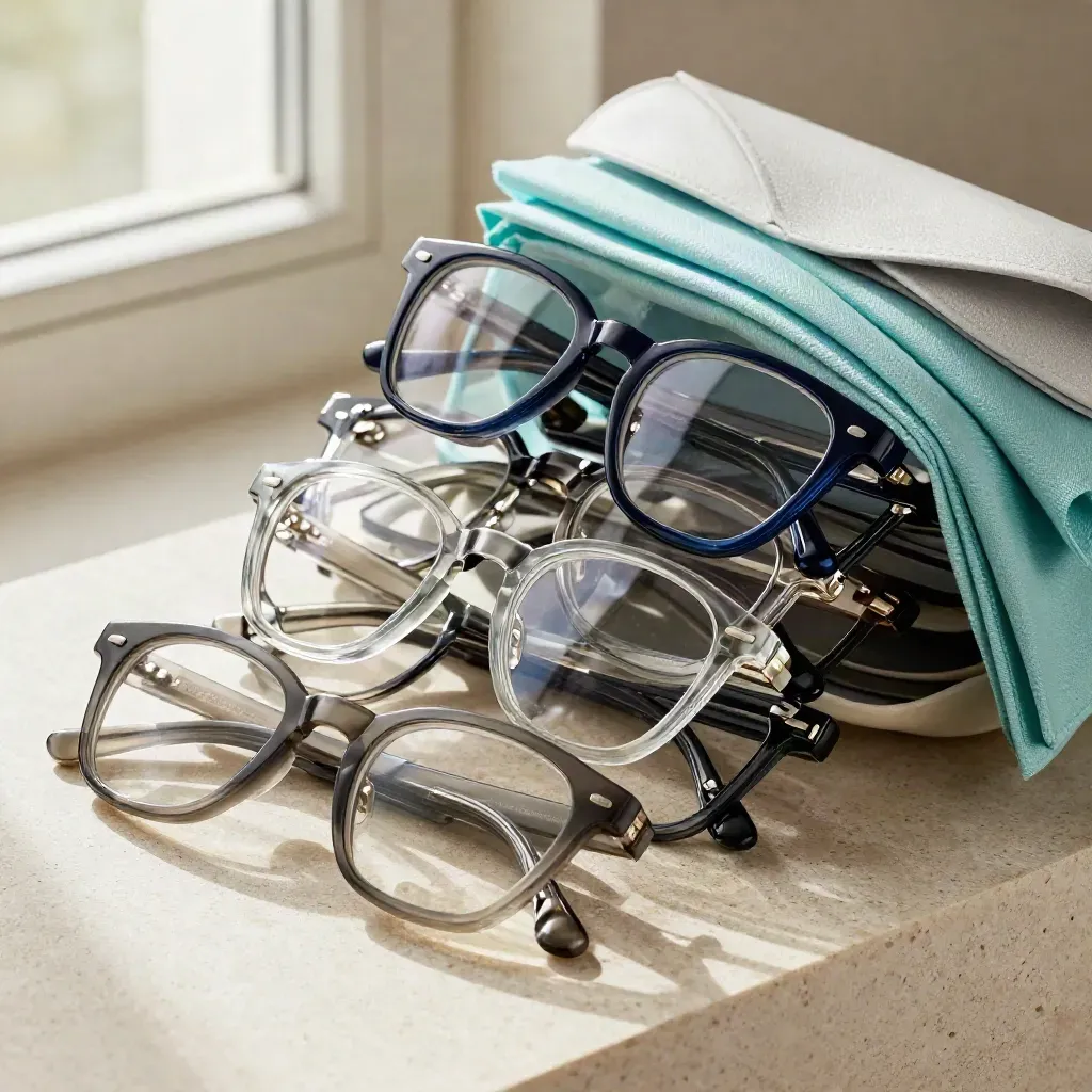 Acetate eyeglass frames and case cascading on pale stone under soft studio light.