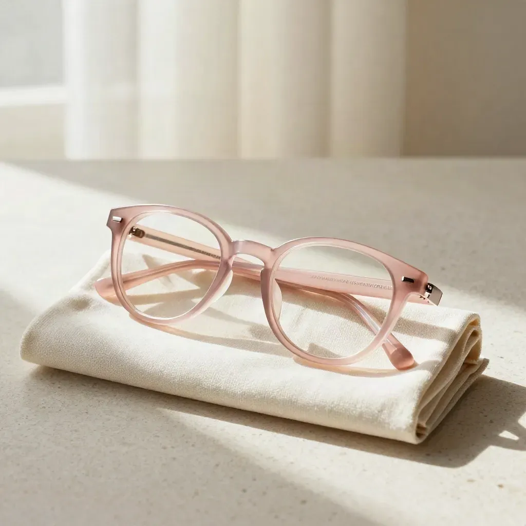Blush pink eyeglasses with case and cloth on a pale linen drape in soft light.