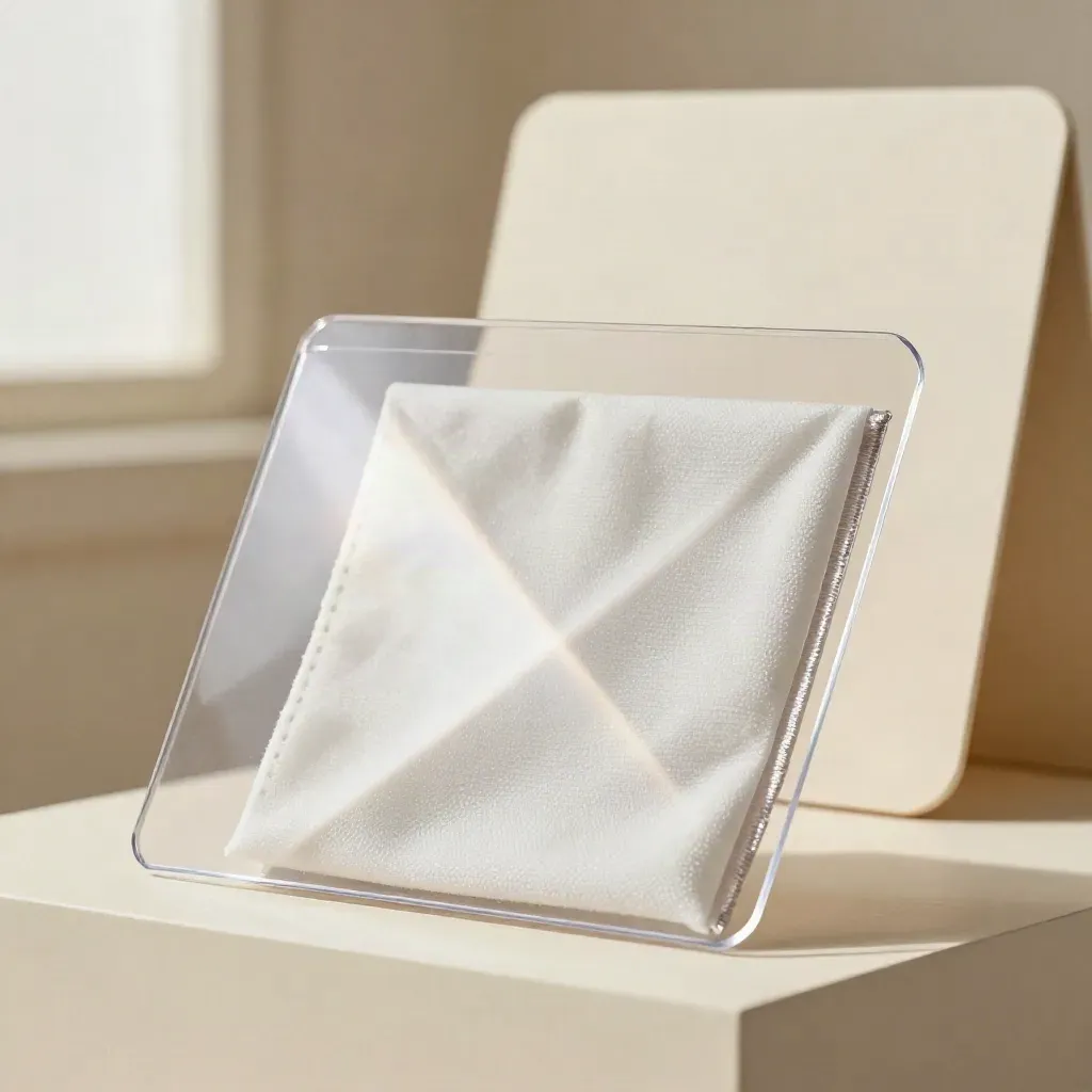 Extreme macro of a screen shield lens kit with sleeves, cloth, insert and folded frame.