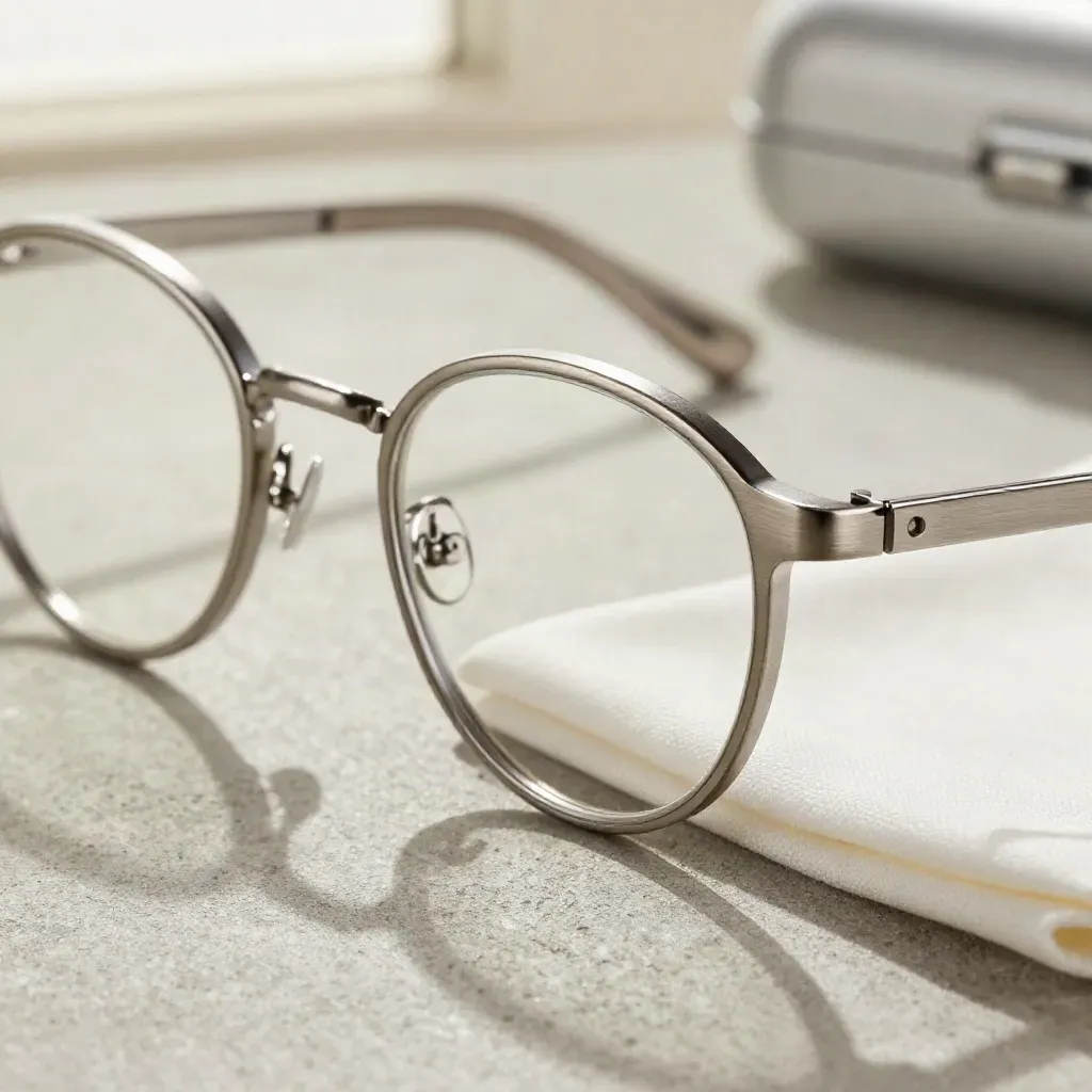 Silver round glasses, case, and cloth in a tight macro on cool concrete.