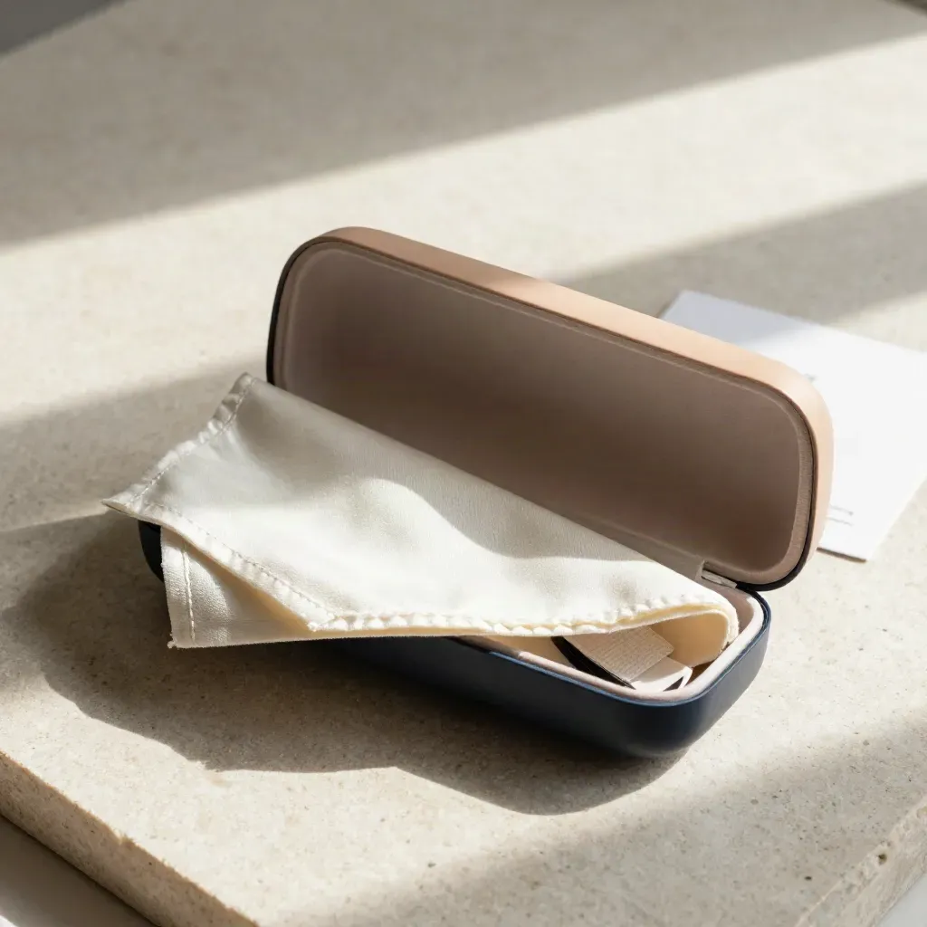 Overhead flatlay of an open eyewear hard case with cloth, wipe and elastic wrap on pale stone.