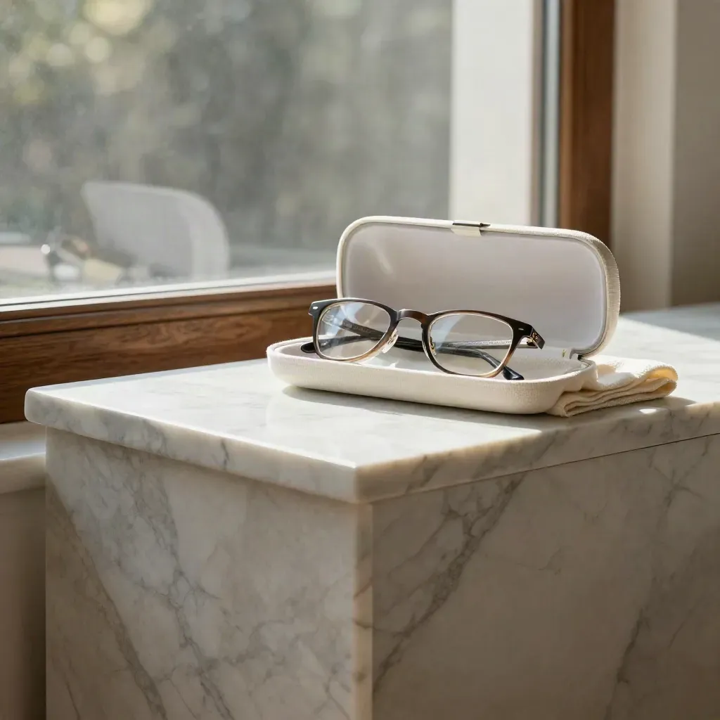 Sunlit marble console with a blurred glasses frame and case by a sash window.
