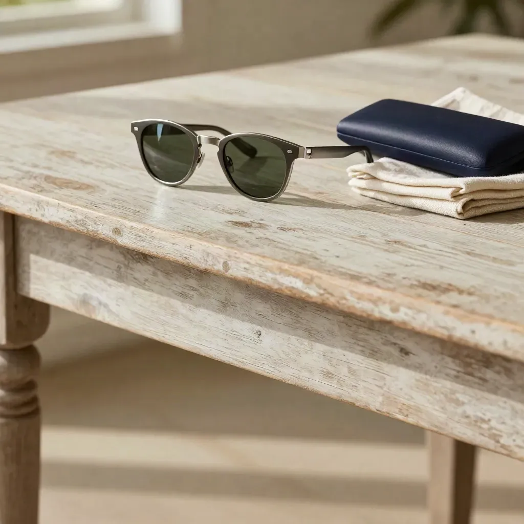 Weathered pale wood table with sunglasses, folded cloth, and a long late-afternoon shadow.