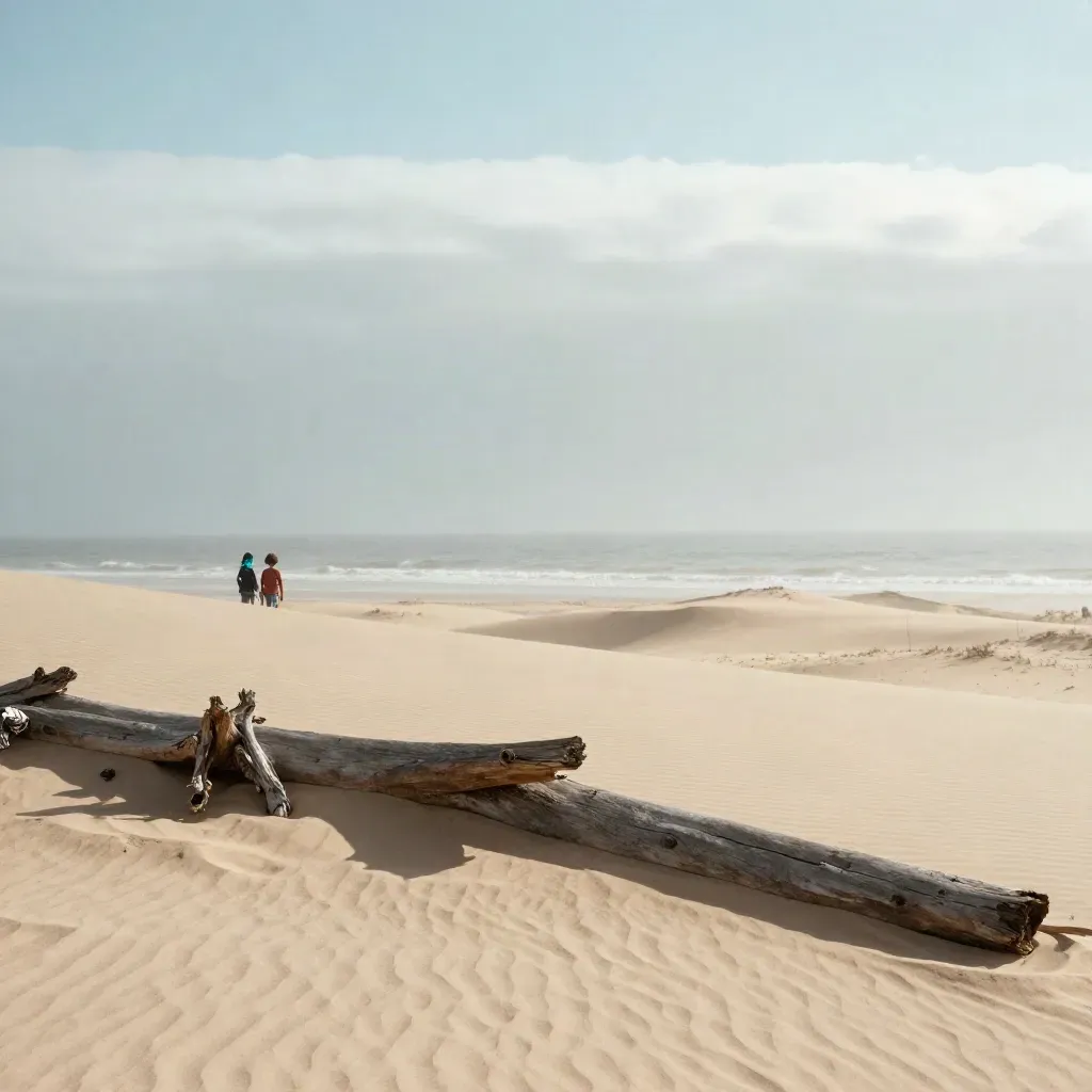 Wind-brushed dune sand and driftwood with tiny blurred kids frames in coastal mist.