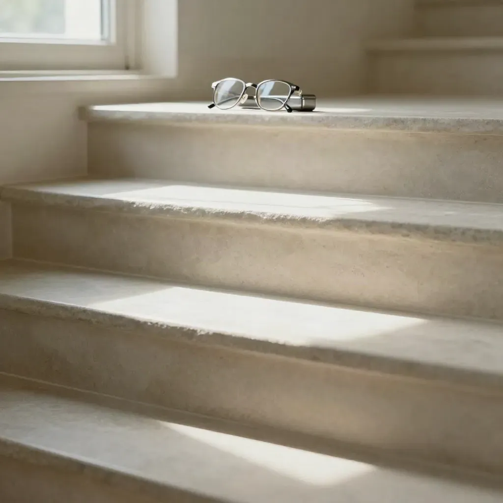 Sunlit limestone stair landing with blurred frame and silver case, calm copy space below