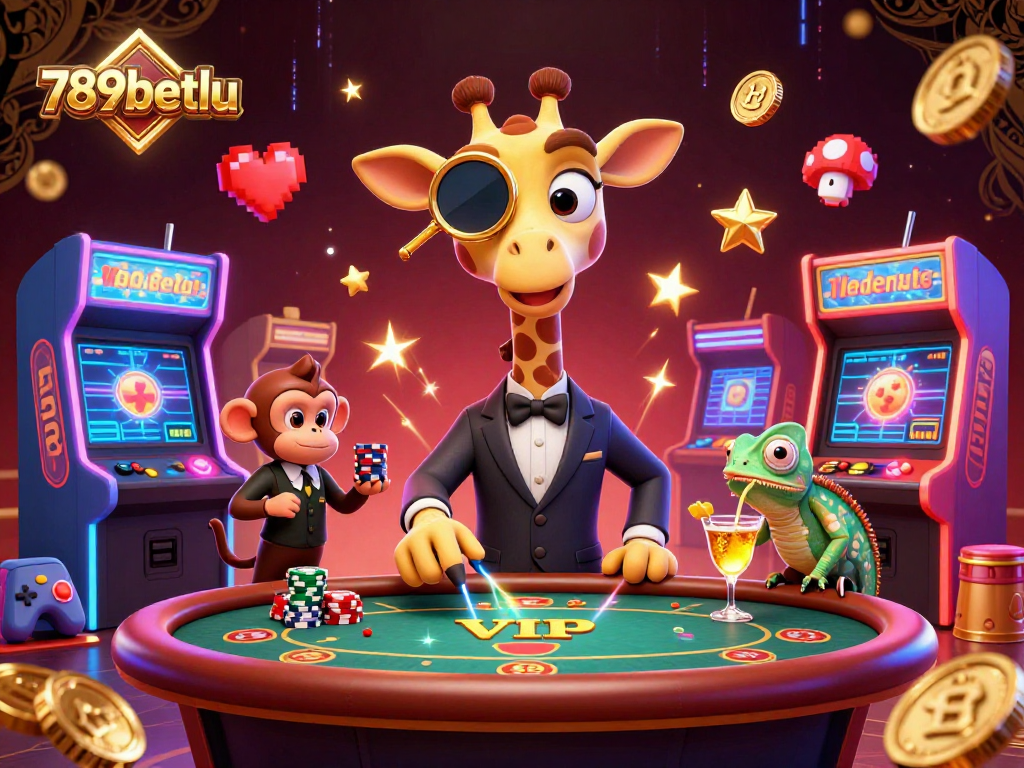 Experience the vibrant world of 789betlu with a high-roller giraffe and a monkey valet at a casino-themed celebration.