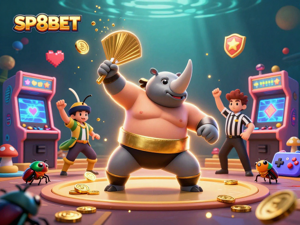 SP8BET offers a thrilling illustration of a cartoon beetle champion stomping golden coins with casino elements.