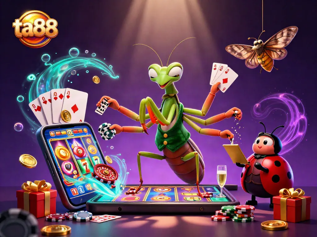 Experience ta88 with a vibrant scene showcasing a praying mantis card sharp, ladybug pit boss, and engaging slot elements.