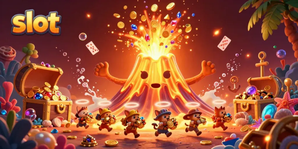 Experience thrilling slot action with animated treasures erupting from a golden volcano.