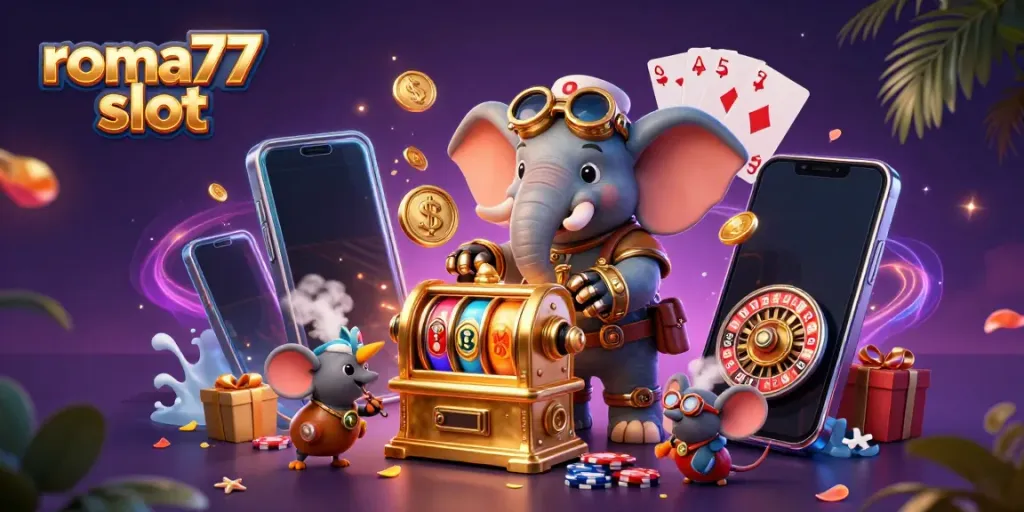 Mesin slot "roma77 slot" beroperasi dengan seorang insinyur gajah, memancarkan keajaiban permainan judi