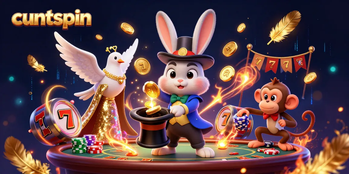 Cuntspin reveals thrilling casino magic with a rabbit, dove, and monkey in a dazzling scene.