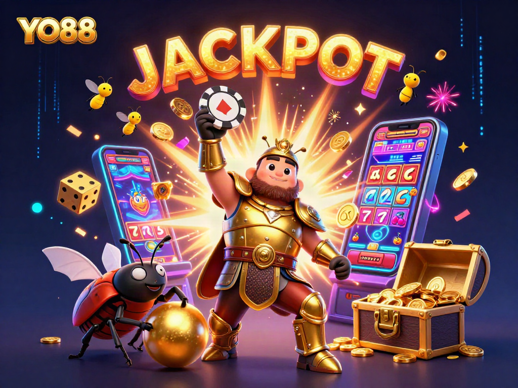 Engage with YO88 in an ultra-detailed 3D casino world showcasing victory and jackpot excitement.