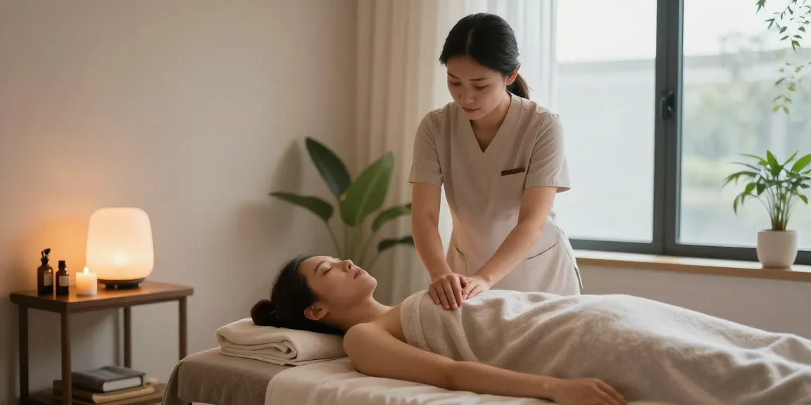 Relaxing 구월동출장마사지 session in a serene therapy room with ambient lighting and essential oils.