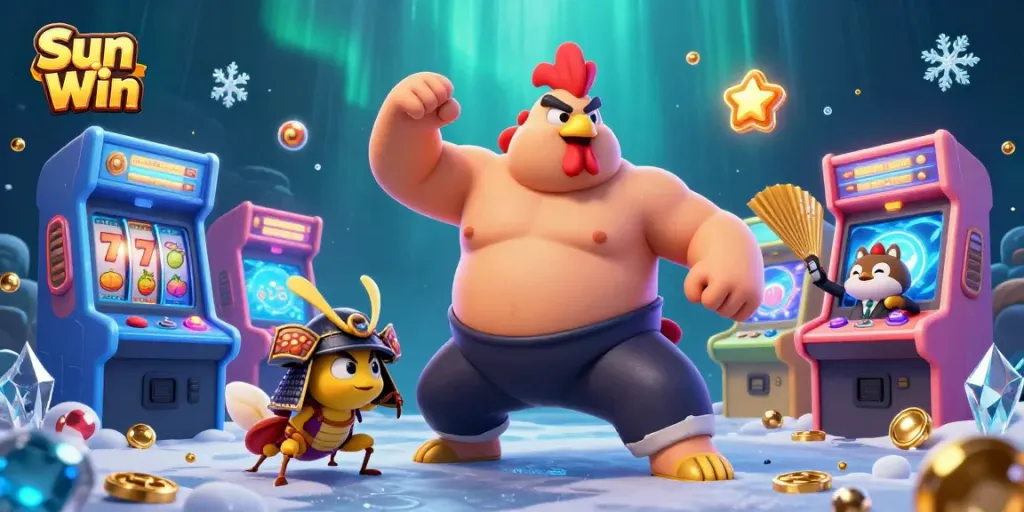 Experience the excitement of Sun Win with a dynamic sumo rooster and samurai cricket in a vibrant casino setting.