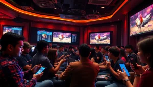 Experience the thrilling live cockfighting and betting atmosphere at dagawin.live, showcasing enthusiastic players and vibrant digital screens.