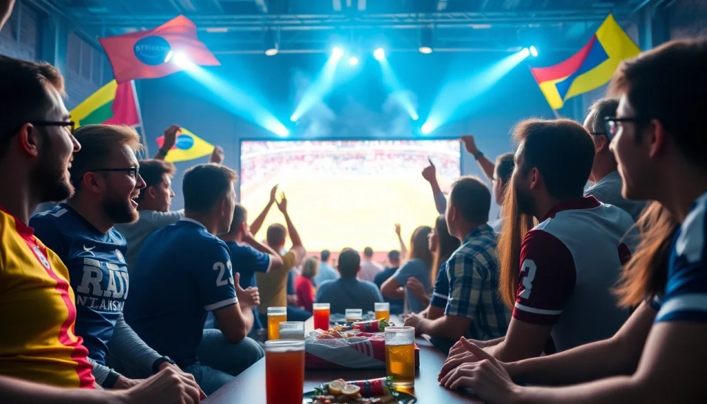 Excited fans watching a live football match on joemadfan.com, celebrating the community spirit.