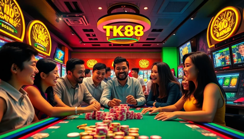 Experience the vibrant atmosphere of TK88win.live with players enjoying online games in a modern casino setting.