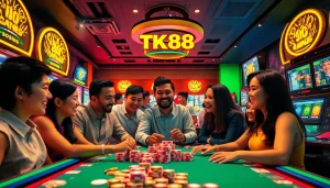 Experience the vibrant atmosphere of TK88win.live with players enjoying online games in a modern casino setting.