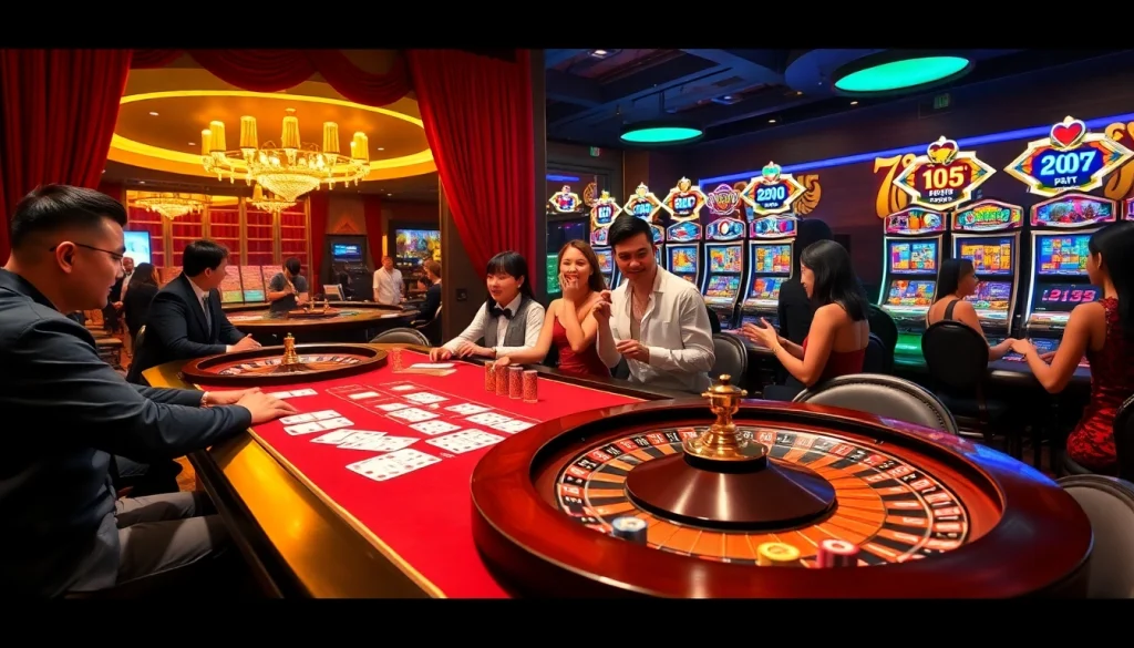 Gamblers enjoying the SV88 casino experience at a luxurious table with chips and cards.