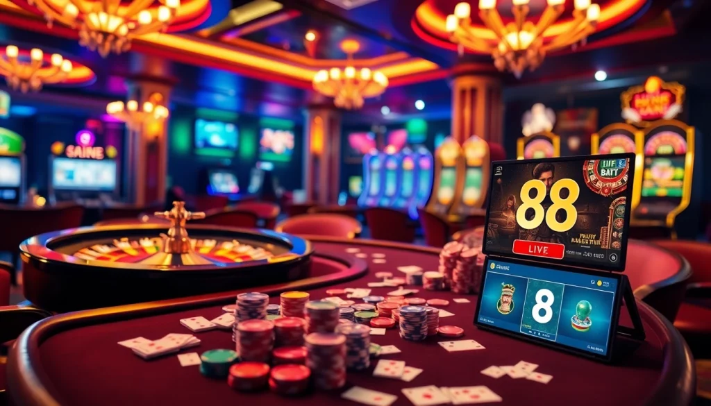 Exciting poker gameplay at a B8 casino table with vibrant chips and cards.